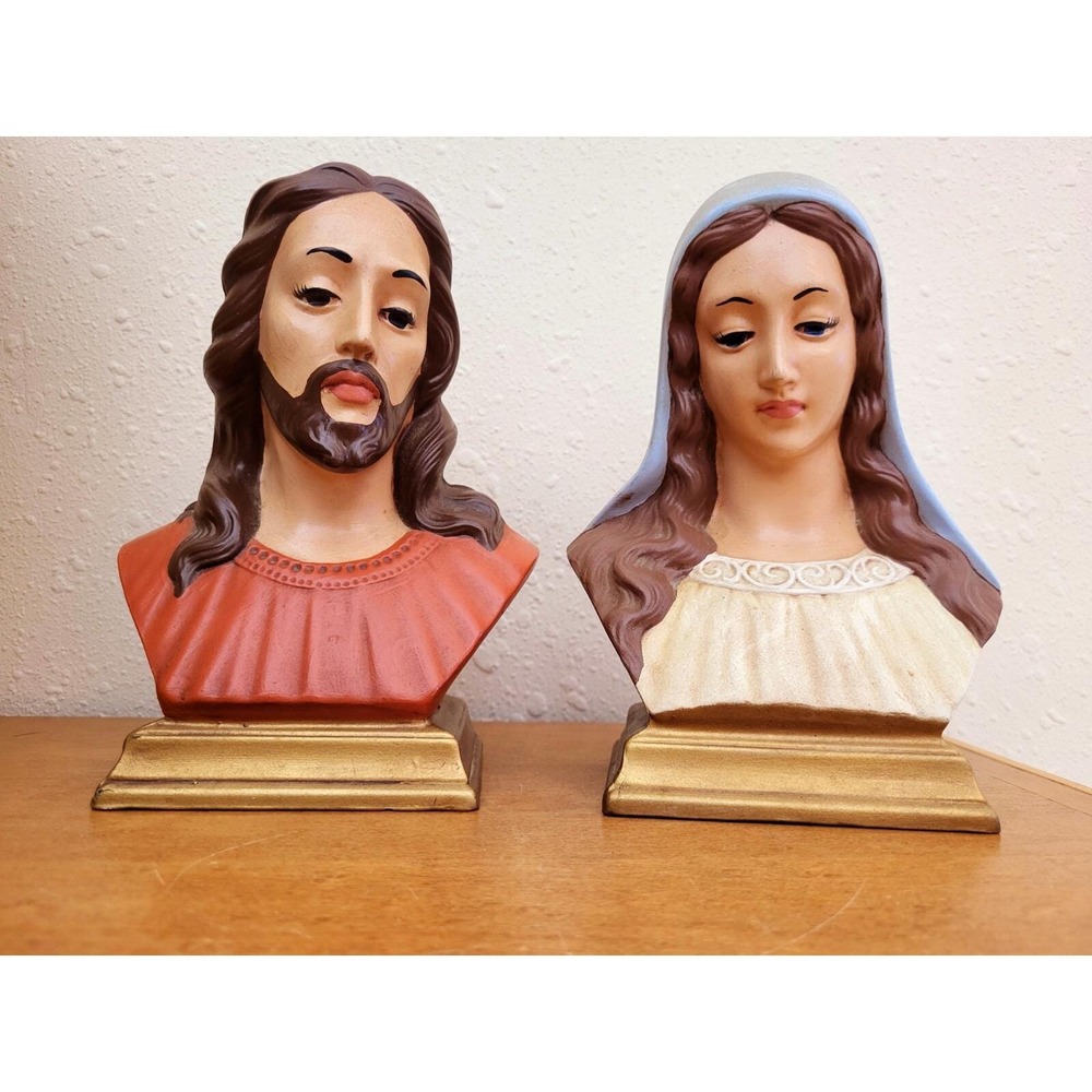 Vtg Jesus and Mary Porcelain Ceramic Bust Pair 7" Hand Painted 1980 Holland Mold